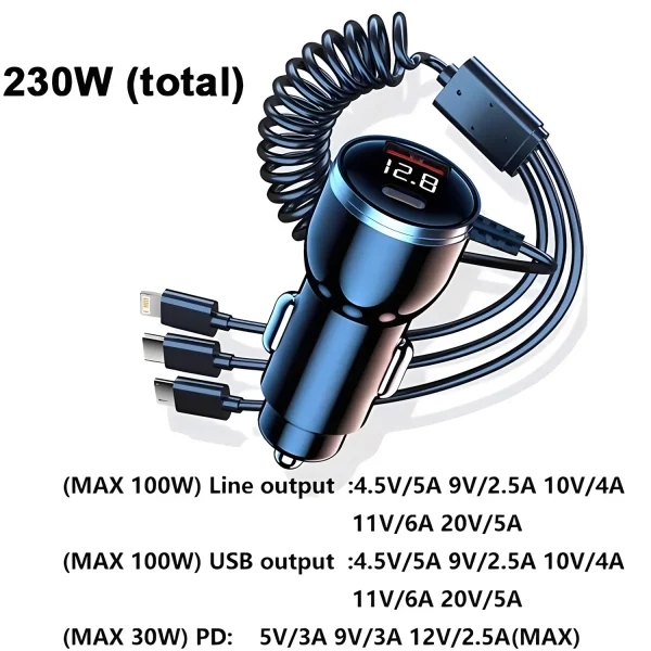 230W 5-Port USB-C Car Charger QC3.0