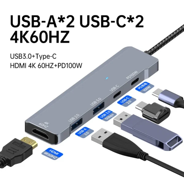 2K HDMI Hub C PD Fast Charge USB 3.0 2.0 HUB