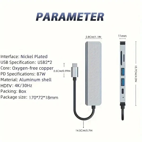 S3a59048883bb4cdea716ef10eab0c2795-2.webp 6-in-1 USB-C Hub 4K@30Hz TF/SD Reader