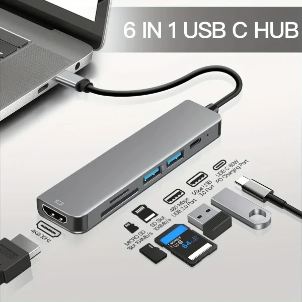 S7cc75e6c7d5348fa875a18e8b540b081N-2.webp 6-in-1 USB-C Hub 4K@30Hz TF/SD Reader